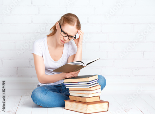 funny girl student preparing homework, preparing for  exam readi