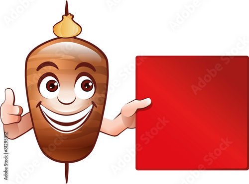 Döner Spieß mit Gesicht hält Schild seitlich