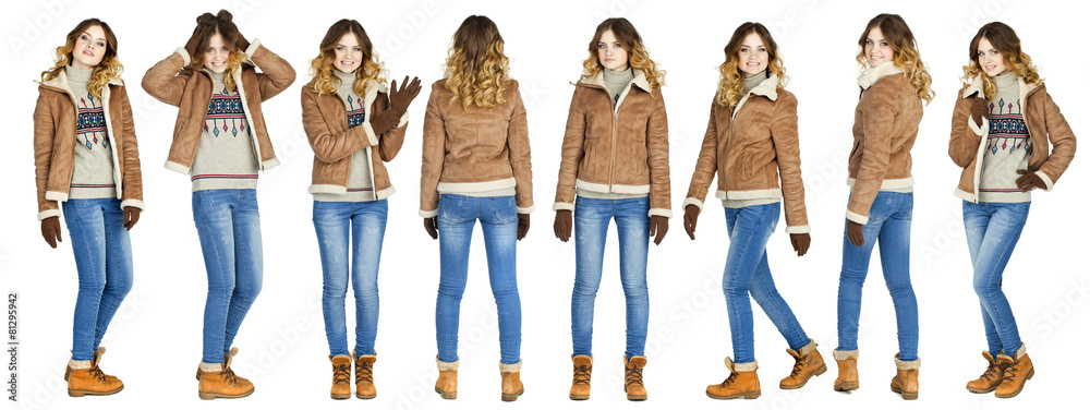 Fototapeta premium Collage, Young beautiful girls in a leather sheepskin coat and b