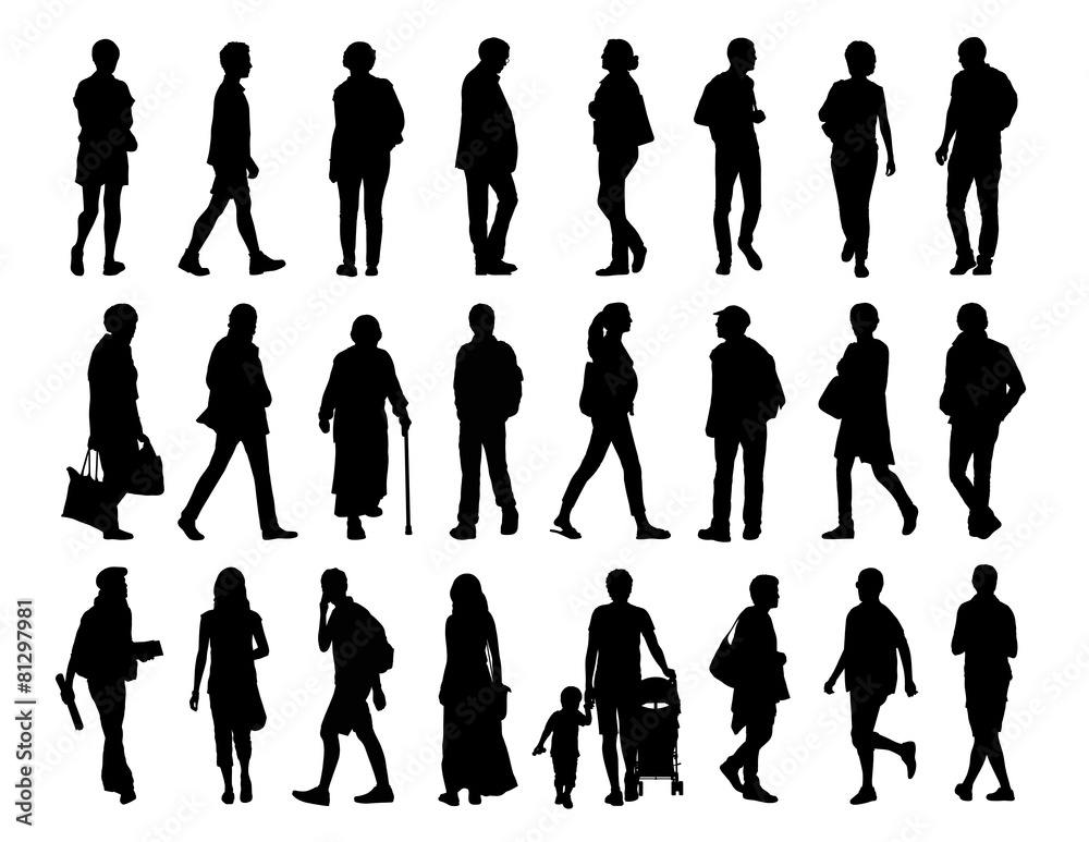 big set of people walking silhouettes set 2 - obrazy, fototapety, plakaty 
