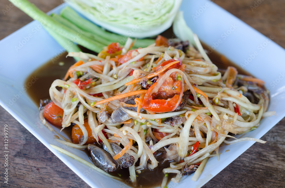spicy papaya salad with salted crab and fermented fish spicy papaya salad with salted crab and fermented fish