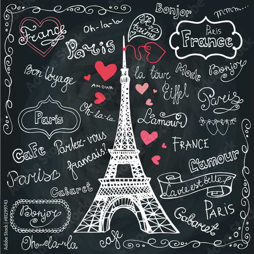 Set of Paris symbols,lettering.Hand drawn doodle sketchy.Chalkbo #81299743