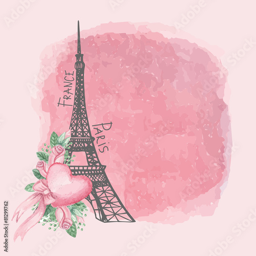 Paris vintage card.Eiffel tower,Watercolor pink rose,spot #81299762