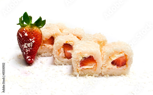sweet sushi with coconut, strawberries and cheese