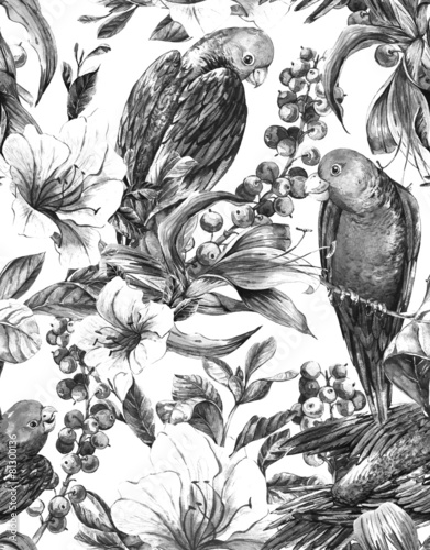 Exotic Seamless Background with Tropical Flowers and Parrots
