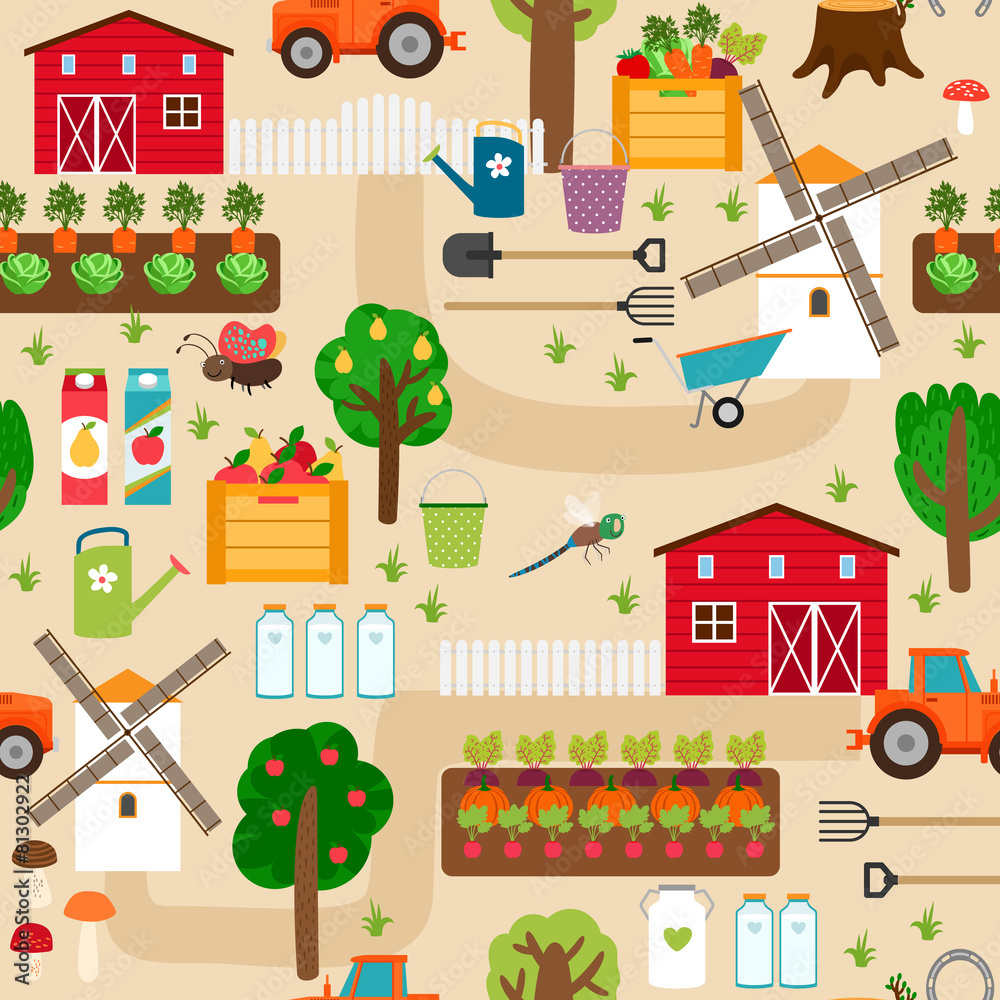 Farm seamless pattern with tractor and beds, apple trees, mill