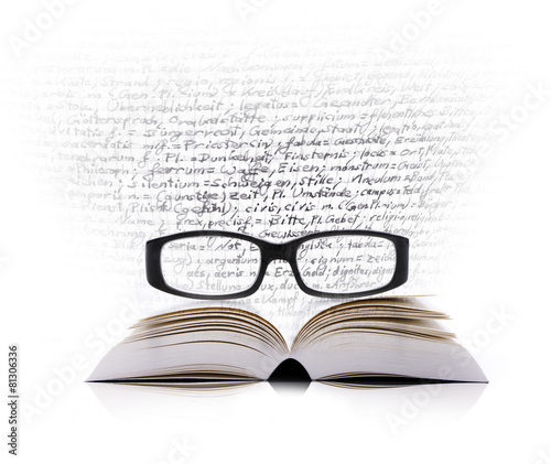 Buch, Brille und Text