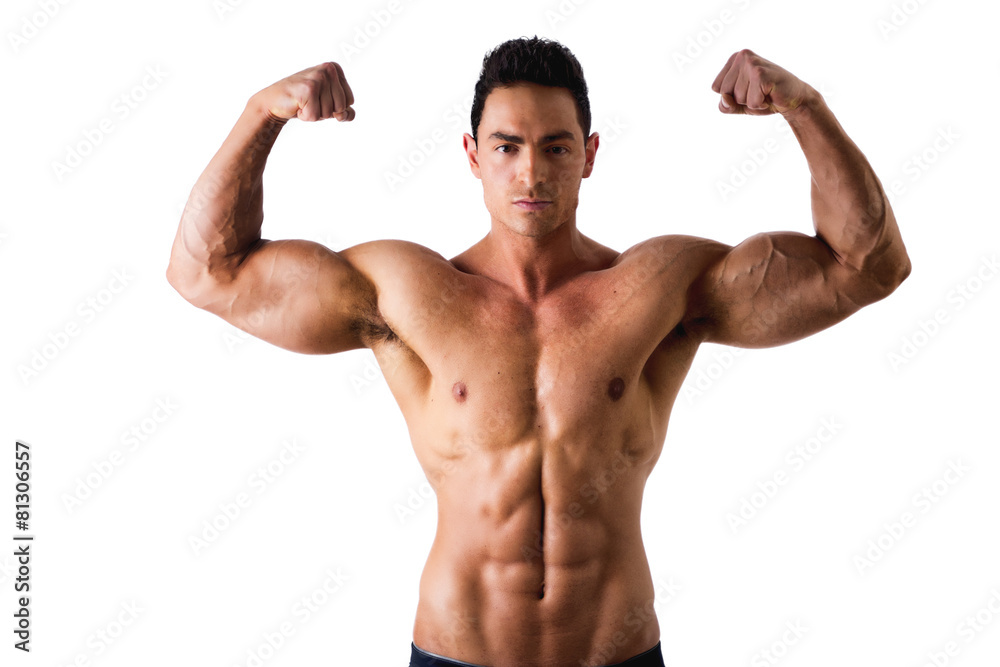 Handsome bodybuilder doing biceps pose, isolated on white Handsome bodybuilder doing biceps pose, isolated on white