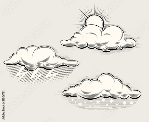 Engraving weather. Sun behind cloud, rain and lightning
