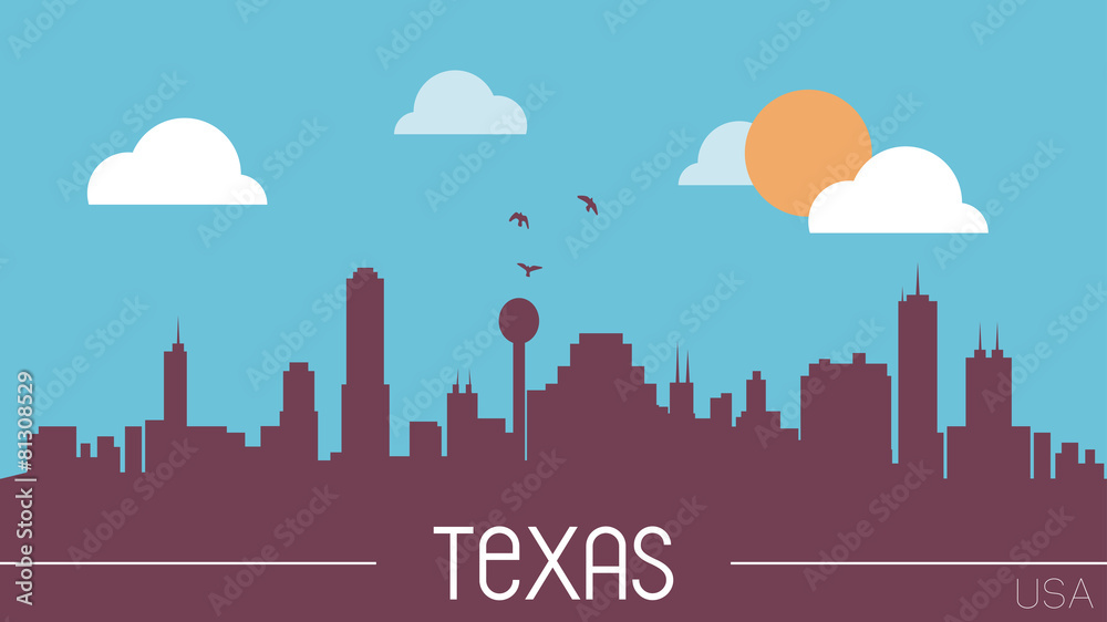 Texas skyline silhouette flat design vector illustration.