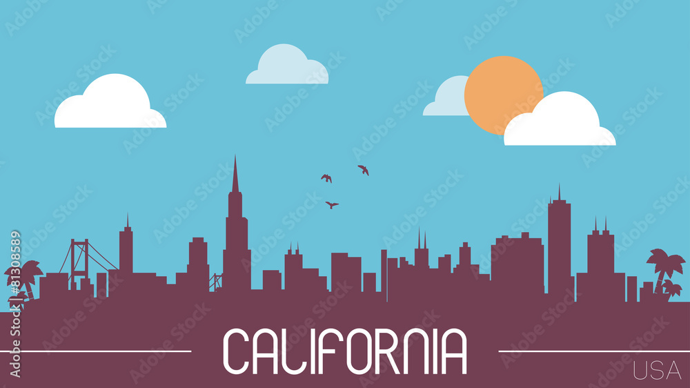 California USA skyline silhouette flat design vector