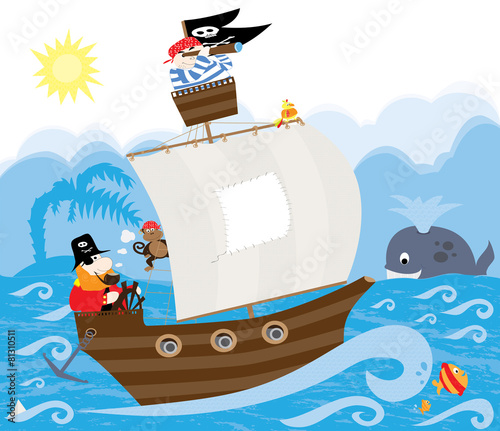 piraci, statek piracki, morze i wieloryb - białym tle