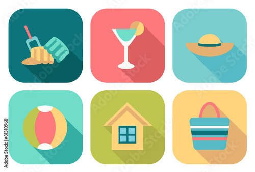 Set of flat summer icons with shadow