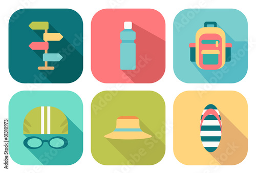 Set of flat summer icons with shadow