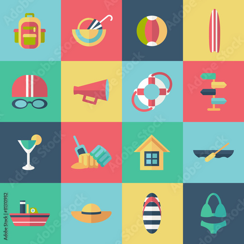 Set of flat summer icons with shadow