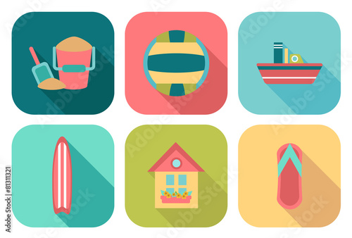 Set of flat summer icons with shadow