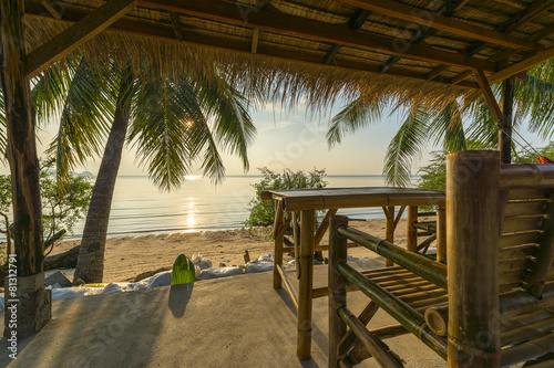 Fotografie, Tablou Tropical island hut on beach at sunset