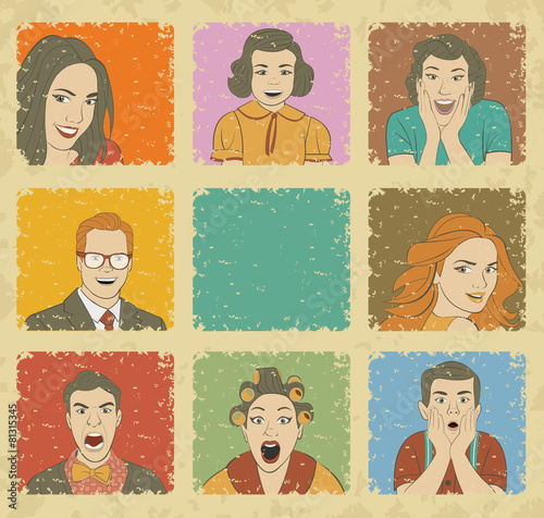 Group of retro people. Vintage art.