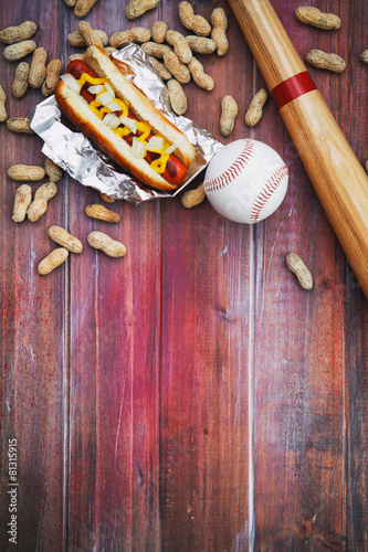 Baseball Background With Hot Dog, Ball And Bat