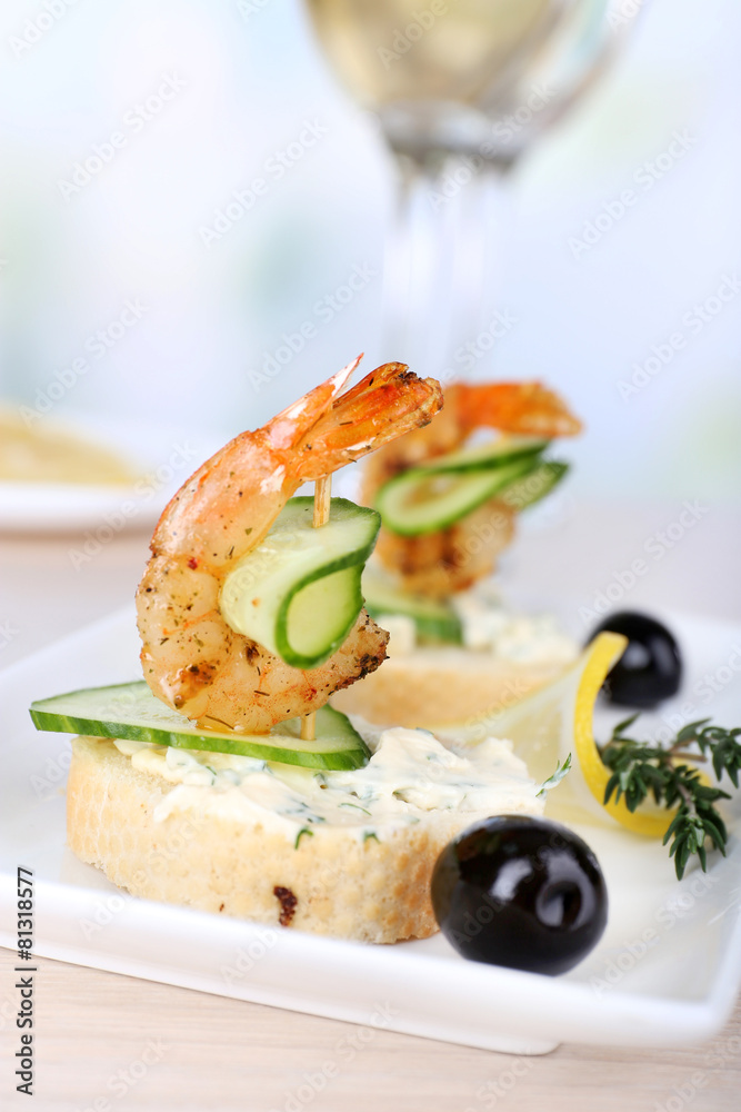 Appetizer canape with shrimp and olives Appetizer canape with shrimp and olives