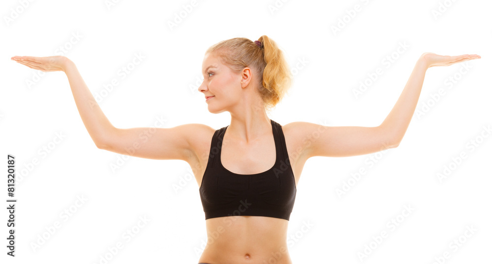 sporty girl showing blank copy space on hands sporty girl showing blank copy space on hands