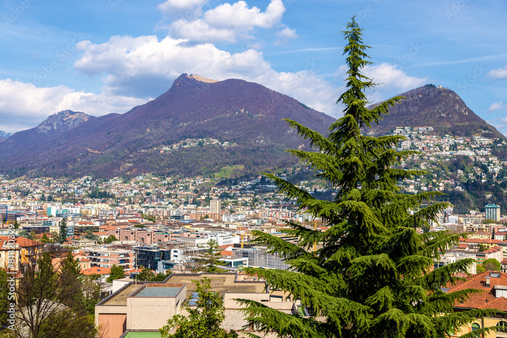 View of Lugano town in Swiss Alps