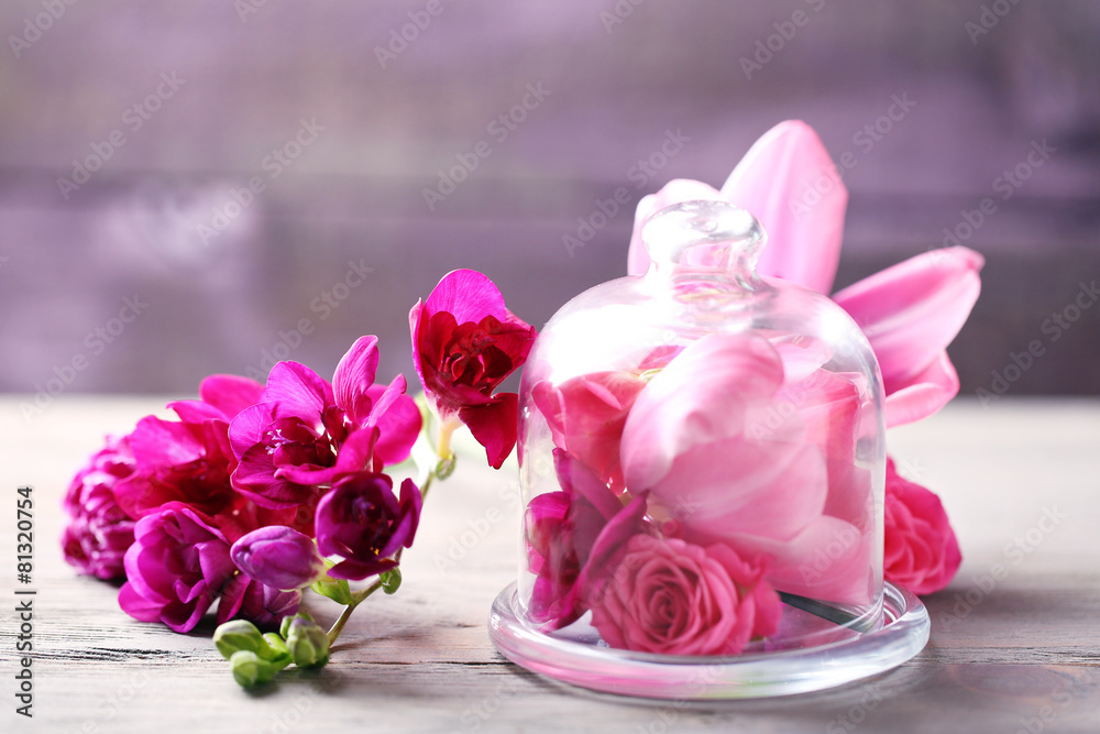 Beautiful composition with flowers on grey background Beautiful composition with flowers on grey background