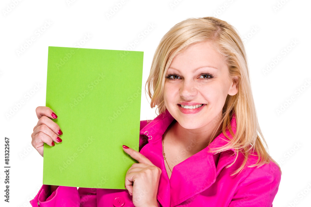 Smiling young business woman showing blank signboard Smiling young business woman showing blank signboard