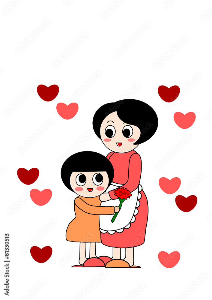 母の日のイラスト: お母さんにハグする女の子 母の日のイラスト: お母さんにハグする女の子