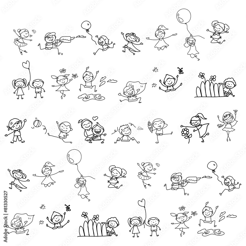 hand drawing cartoon happy kids playing