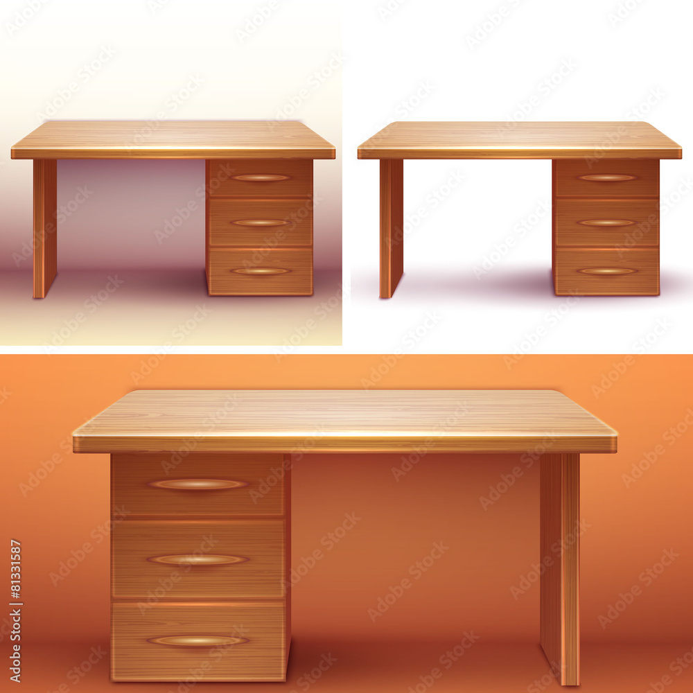 Vector realistic office wooden desk with shelves Vector realistic office wooden desk with shelves