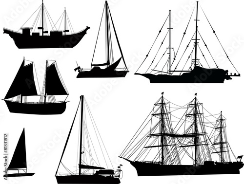 seven black ship silhouettes isolated on white