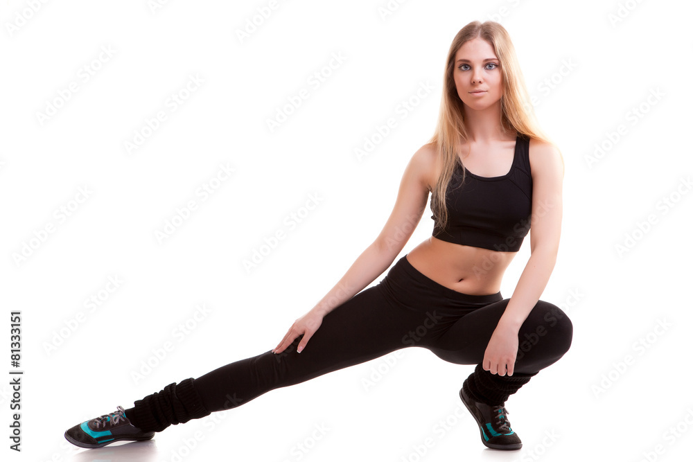 Gir with slim body stretching over white background Gir with slim body stretching over white background