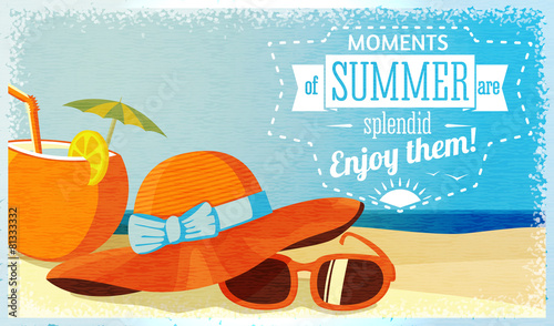 Summer enjoy banner with coconut cocktail, hat and sunglasses on