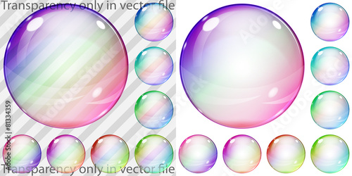 Set of colorful transparent and opaque glass spheres