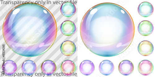 Set of multicolored transparent and opaque soap bubbles