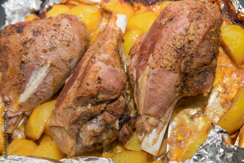 Dinner with baked in foil thigh turkey and potatoes