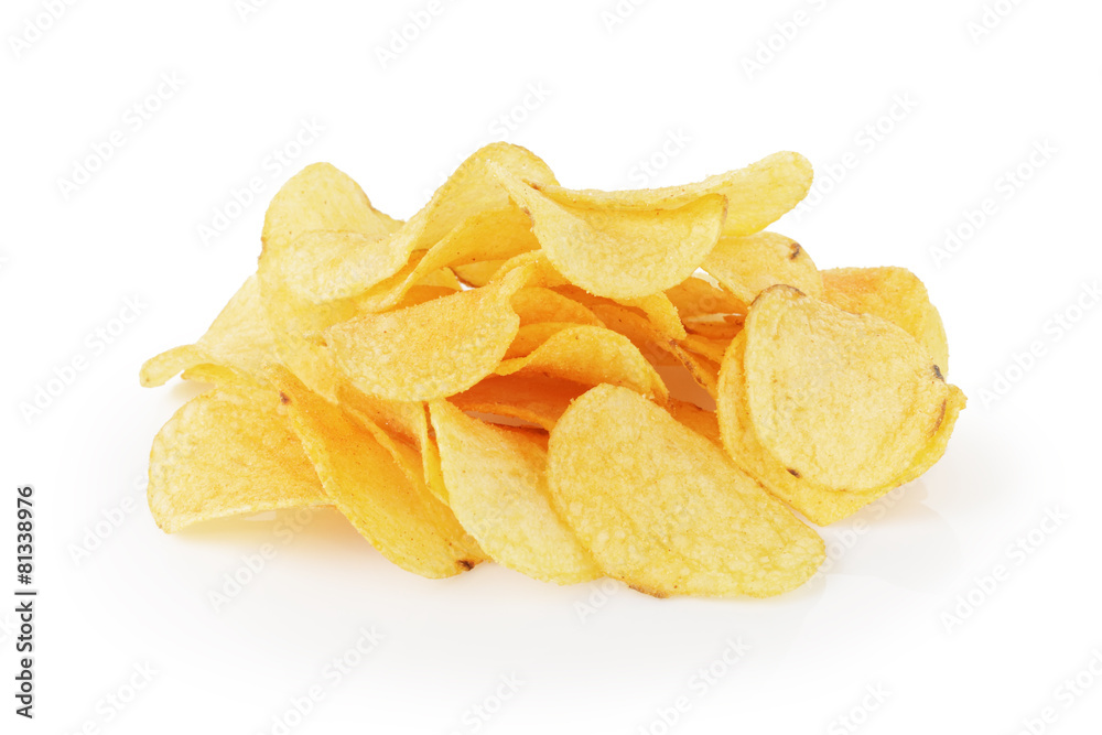 heap of organic potato chips isolated on white
