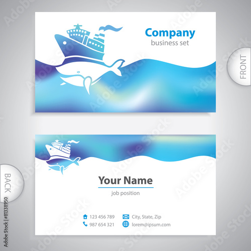 business card - holiday cruise ship - big whale - symbol sea
