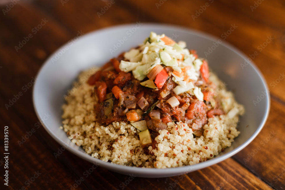 Vegan Dinner composed of Quinoa, Tomato sauce with Vegetables Vegan Dinner composed of Quinoa, Tomato sauce with Vegetables