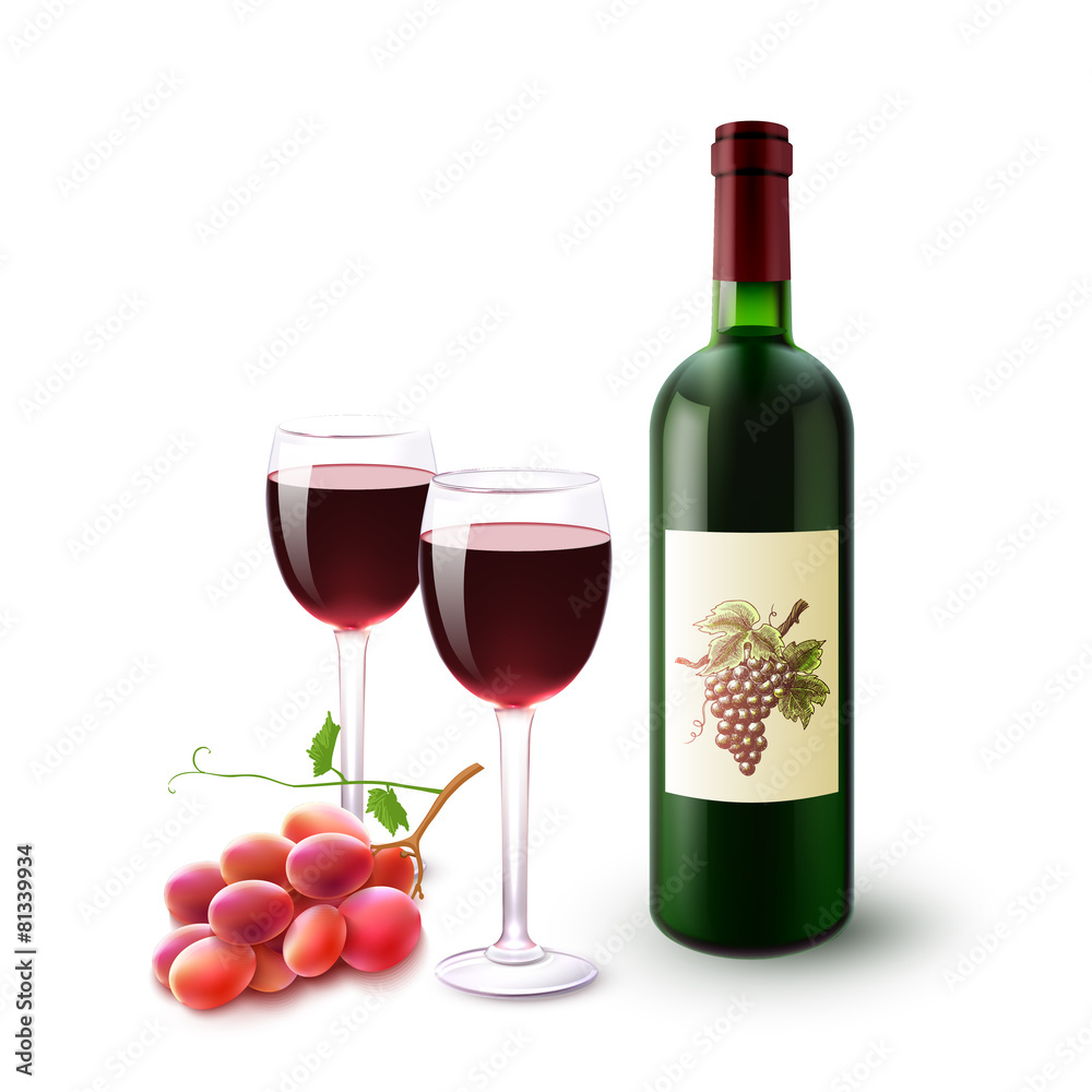 Obraz premium Red Wine Bottle Glasses And Grapes