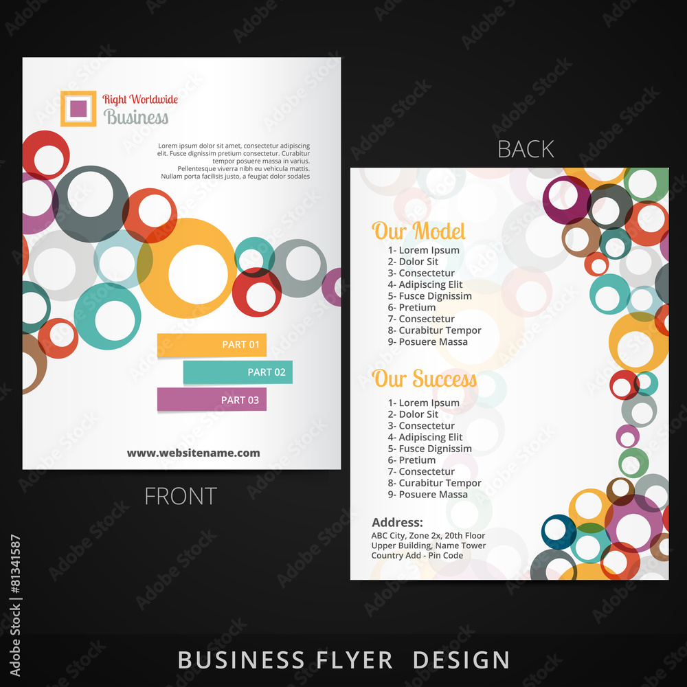 flyer template design with colorful multiple circles flowing ins
