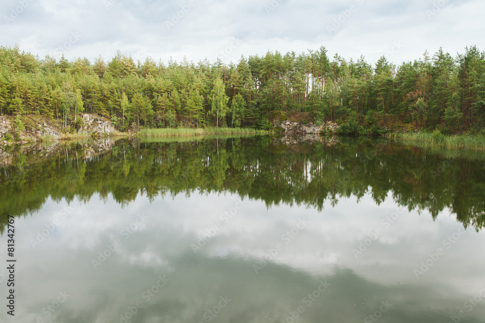 Pine forest reflected in the quary lake. Ukraine