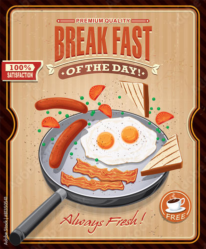 Vintage breakgast poster design with bacon, eggs sausage on pan photo