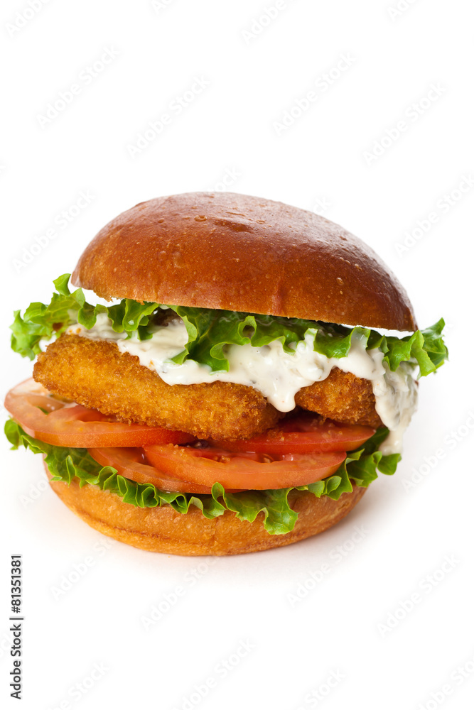 Fish burger on white background. Selective focus. Fish burger on white background. Selective focus.