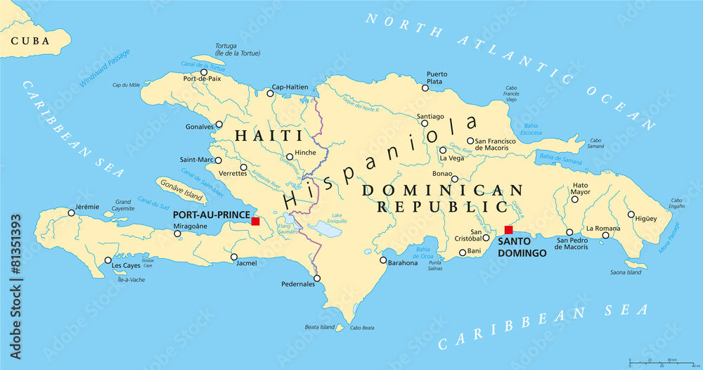 Fototapeta premium Hispaniola Political Map with Haiti and Dominican Republic