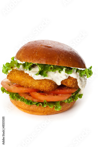 Fish burger on white background. Selective focus.