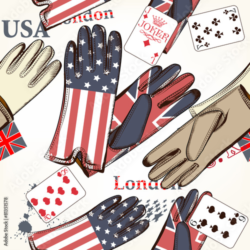 Fashion seamless pattern with cards and gloves decorated by Brit