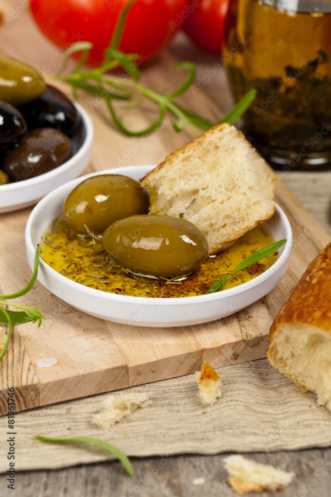 Italian food appetizer bread and olive oil. Selective focus.