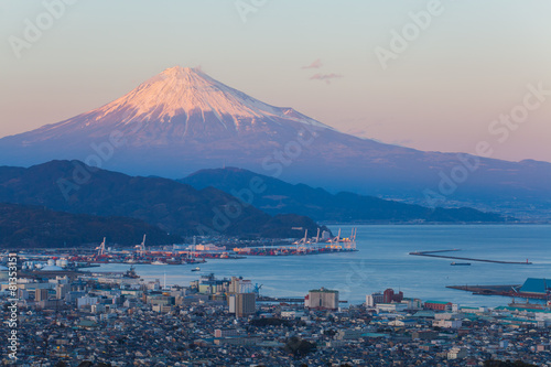 Mountain Fuji and Shimizu city in winter season .